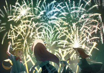 4girls aerial_fireworks black_shirt blonde_hair blue_hair bocchi_the_rock! bow bowtie commentary_request cube_hair_ornament fireworks gotoh_hitori grey_vest hair_ornament hat highres holding holding_unworn_clothes holding_unworn_hat ijichi_nijika kessoku_band kita_ikuyo long_hair multiple_girls one_side_up open_mouth ponytail red_bow red_bowtie red_eyes red_hair shirasuke_0822 shirt short_hair unworn_hat unworn_headwear vest wristband yamada_ryo yellow_eyes