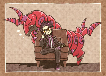 1boy antennae black_pants bug centipede chair corbeau_(pokemon) crossed_legs elbow_rest eyewear_strap full_body gen_5_pokemon glasses leather_chair leg_up necktie nintendo on_chair pants parted_hair pokemon pokemon_(creature) pokemon_legends:_z-a purple_shirt round_eyewear scolipede shirt sikakuden_3 sitting smirk solo white_necktie