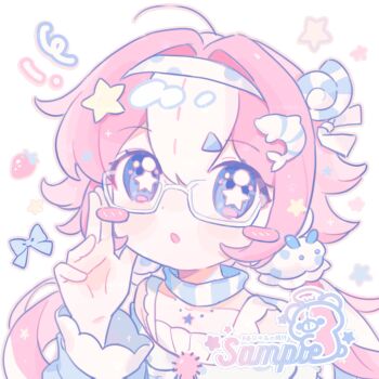 1girl :o ahoge blue_eyes blue_shirt blush_stickers commentary dot_nose double-parted_bangs fanqiealxe glasses hair_between_eyes hair_intakes hand_up highres long_hair long_sleeves looking_at_viewer multicolored_hair open_mouth original outline pink_hair pink_outline portrait shirt simple_background solo star-shaped_pupils star_(symbol) symbol-only_commentary symbol-shaped_pupils two-tone_hair white-framed_eyewear white_background white_hair