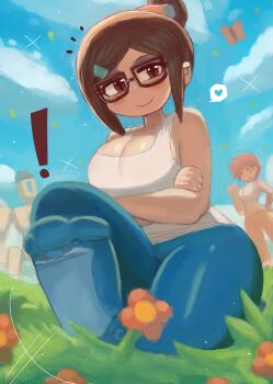 ! 2girls absurdres animal bastion_(overwatch) blizzard_(company) blue_boots blue_hat blue_pants blush boots breasts brown_eyes brown_hair bug butterfly cleavage cloud collarbone crossed_arms flower glasses grass hair_bun hair_ornament hairclip hand_on_own_hip hat heart highres insect large_breasts looking_at_viewer mei_(overwatch) multiple_girls open_mouth orange_pants overwatch pants robot shirt short_sleeves sitting sky smile sparkle speech_bubble spoken_heart standing tank_top thick_thighs thighs tony_welt tracer_(overwatch) white_shirt wide_hips