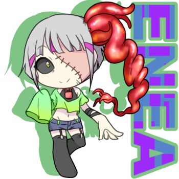 Rule 34 | 1girl, 9rimson, asymmetrical sleeves, black sclera, black thighhighs, blue shorts, body horror, character name, chibi, chibi only, closed mouth, colored sclera, commentary request, cropped shirt, cyclops, drop shadow, full body, garter straps, green shirt, grey hair, looking at viewer, lowres, midriff, mismatched sleeves, one-eyed, original, parasite, shirt, short hair, short shorts, shorts, simple background, smile, solo, stitched face, stitches, thighhighs, white background, wide-eyed, yellow eyes, zombie