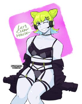 1girl absurdres alt_text artist_name black_bra black_panties blonde_hair bra breasts choker cleavage colored_skin commentary english_commentary english_text feet_out_of_frame grey_skin hair_ornament hairclip headphones highres humanoid_robot jacket jacket_partially_removed lingerie model_employee_(nth_circle) one_eye_closed panties penny_(model_employee) robot sitting small_breasts smile solo speech_bubble subspaceskater thigh_strap underwear