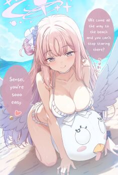 1girl :d ^_^ all_fours alternate_hairstyle backlighting beach bikini blue_archive blue_flower blue_sky blush bow bow_bikini breasts choker cleavage closed_eyes collarbone commentary cutlass_(classic_chocolate) day facing_viewer feathered_wings flower frilled_bikini frills full_body hair_bun hair_flower hair_ornament halo halterneck happy heart large_breasts long_hair low_wings mika_(blue_archive) mika_(swimsuit)_(blue_archive) ocean official_alternate_costume open_mouth outdoors peroro_(blue_archive) pink_hair pink_halo sidelocks single_hair_bun single_side_bun sky smile speech_bubble swimsuit third-party_edit translated translation_request very_long_hair white_bikini white_bow white_choker white_wings wings
