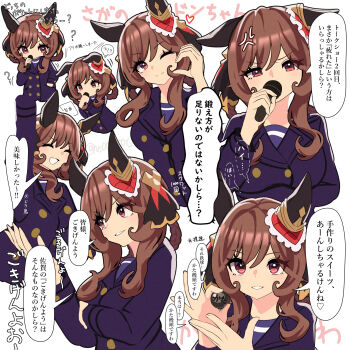 1girl anger_vein animal_ears ball blush braid braided_hair_rings brown_hair closed_eyes ear_covers ears_down gentildonna_(umamusume) grin hair_rings heart heart_hands highres holding holding_ball holding_microphone horse_ears horse_girl jacket long_hair looking_at_viewer microphone nieto_tokage parted_lips purple_jacket purple_sailor_collar red_hair sailor_collar sidelocks smile translation_request umamusume