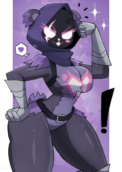 ! 1girl :3 absurdres animal_ears animal_hood bear_ears bear_girl bear_hood bear_tail belt black_belt blush bodysuit breasts broken_heart epic_games fortnite gloves grey_gloves hand_on_own_hip heart heart_print highres hood hood_up large_breasts looking_at_viewer open_mouth print_bodysuit purple_background purple_bodysuit raven_team_leader scar scar_across_eye scar_on_face smile sparkle speech_bubble spoken_heart standing tail thick_thighs thighs tony_welt white_eyes wide_hips