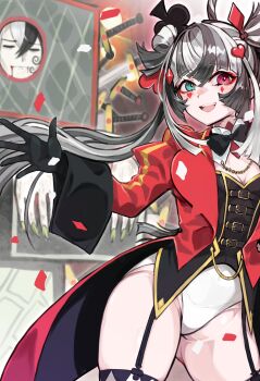Rule 34 | 1boy, 1girl, argyle clothes, argyle thighhighs, ashiya douman (fate), black hair, black leotard, blush, bow, bowtie, breasts, cleavage, coat, coattails, commentary request, confetti, detached collar, discat, fate/grand order, fate (series), garter straps, gold trim, green eyes, grey hair, hair ornament, hair rings, heterochromia, highres, kashin koji (celebratory attire) (fate), kashin koji (fate), leotard, long hair, long sleeves, looking at viewer, medium breasts, multicolored hair, multicolored leotard, open mouth, red coat, red eyes, single hair ring, smile, sword, tailcoat, thighs, twintails, two-tone leotard, weapon, white hair, white leotard, wrist cuffs