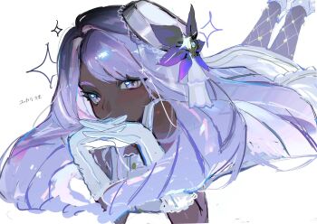 1girl dark-skinned_female dark_skin dress frills gloves hair_ornament highres interlocked_fingers jacinthe_(pokemon) long_hair looking_at_viewer low_drills lying nintendo on_back pokemon pokemon_legends:_z-a purple_dress purple_eyes purple_hair qap0005 solo white_background white_gloves
