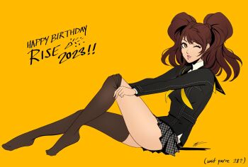 1girl birthday brown_hair eightyfourart happy_birthday highres kujikawa_rise looking_at_viewer one_eye_closed persona persona_4 putting_on_legwear school_uniform source_request thighs third-party_source twintails yasogami_school_uniform