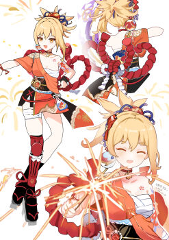 1girl absurdres artist_name asymmetrical_legwear black_sash black_socks black_thighhighs blonde_hair bracelet breasts chest_sarashi choker collarbone commentary dated fireworks fish_hair_ornament fish_tattoo flower_tattoo genshin_impact geta hadanugi_dousa hair_ornament highres holding holding_fireworks japanese_clothes jewelry kimono kkkula_(kula) kneehighs long_hair medium_breasts multiple_views obi obiage obijime open_kimono open_mouth orange_kimono ponytail red_choker rope sarashi sash shimenawa shin_guards short_kimono shoulder_tattoo simple_background socks sparkler tattoo thighhighs vision_(genshin_impact) white_background yellow_eyes yoimiya_(genshin_impact)