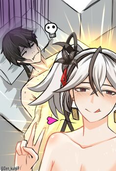 1boy 1girl :q absurdres black_eyes black_flower black_hair blake_bloom_(wuthering_waves) blush breasts camellya_(wuthering_waves) cleavage closed_eyes closed_mouth collarbone commentary den_kun69 earrings english_commentary flower gold_earrings hair_between_eyes hair_flower hair_ornament heart highres implied_after_sex implied_nudity jewelry looking_at_viewer male_rover_(wuthering_waves) medium_breasts on_bed pillow red_pupils rover_(wuthering_waves) short_hair skull smile tongue tongue_out twitter_username v white_hair wuthering_waves