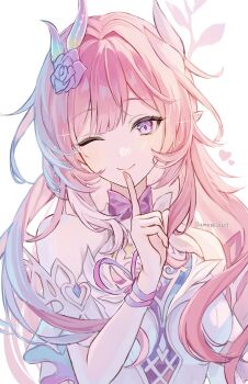 1girl ameshi0227 bare_shoulders breasts cyrene_(honkai:_star_rail) cyrene_(ripples_of_past_reverie)_(honkai:_star_rail) diamond-shaped_pupils diamond_(shape) dress flower hair_flower hair_ornament heart highres honkai:_star_rail honkai_(series) large_breasts long_hair looking_at_viewer one_eye_closed pink_hair pointy_ears smile solo symbol-shaped_pupils twitter_username upper_body white_background white_dress