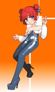 bare_shoulders blue_eyes blue_ribbon blunt_bangs blunt_sidelocks breasts chikuwa_fan973 copyright_request double_bun gradient_background hair_bun hair_ribbon high_heels highres long_sleeves orange_background petite puffy_long_sleeves puffy_sleeves red_hair red_nails ribbon short_hair sidelocks skin_tight small_breasts