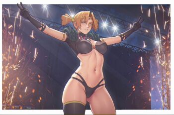 1girl black_gloves black_shirt black_thighhighs breasts commentary cropped_shirt double_v dvach-tan elbow_gloves english_commentary everlasting_summer gloves highres large_breasts leonzo navel nude orange_eyes orange_hair pauldrons shirt short_sleeves single_thighhigh smile solo sparks spiked_pauldrons spikes stage stage_lights standing thighhighs thighs twintails v