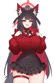 1girl :d absurdres animal_ear_fluff animal_ears black_bow black_bowtie black_hair black_skirt blue_archive blush bow bowtie braid breasts colored_inner_hair cowboy_shot fang fox_ears fox_girl halo hands_up highres large_breasts long_hair looking_at_viewer miniskirt multicolored_hair open_mouth red_hair red_halo red_shirt shirt side_braid silenzuka simple_background skindentation skirt smile solo thigh_strap thighs very_long_hair wakamo_(blue_archive) white_background yellow_eyes