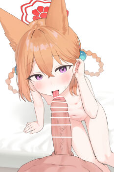 1boy 1girl aak absurdres animal_ears bar_censor blue_archive blush censored completely_nude fellatio fox_ears halo hetero highres licking licking_penis loli looking_at_viewer nipples nude oral penis pov purple_eyes rumi_(blue_archive) rumi_(small)_(blue_archive) tongue tongue_out