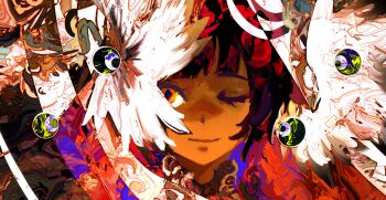 1girl abstract_background absurdres black_hair commentary dark_skin english_commentary highres kevin_adi multicolored_eyes multicolored_hair one_eye_closed original smile wings yellow_eyes