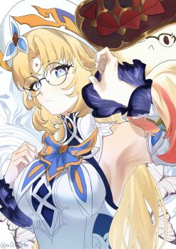 1girl armpits blonde_hair blue_eyes breasts closed_mouth commentary detached_sleeves dress genshin_impact glasses hand_up highres long_hair long_sleeves looking_at_viewer mochimochi_ocha nicole_reeyn round_eyewear solo symbol-only_commentary symbol-shaped_pupils upper_body white_dress