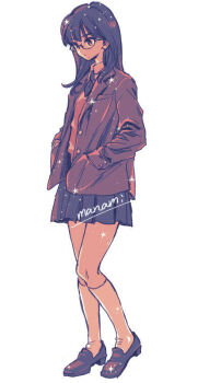 1girl artist_name black-framed_eyewear black_hair black_necktie blazer brown_jacket brown_shoes buttons closed_mouth collared_shirt commentary_request from_side full_body glasses grey_background hands_in_pockets jacket kneehighs loafers long_hair long_sleeves miniskirt necktie original pleated_skirt school_uniform shirt shoes short_necktie signature simple_background skirt socks solo sparkle standing star_(symbol) sugano_manami white_socks