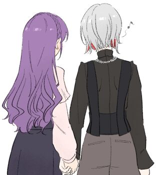 2girls backless_vest black_shirt black_skirt braid commentary covered_shoulder_blades crown_braid eighth_note facing_away from_behind grey_hair grey_pants highres holding_hands link!_like!_love_live! llkapital long_hair long_sleeves love_live! multicolored_hair multiple_girls musical_note official_alternate_costume otomune_kozue otomune_kozue_(post-graduation) pants pink_shirt pocket purple_hair red_hair shirt short_hair simple_background skirt streaked_hair symbol-only_commentary turtleneck turtleneck_shirt virtual_youtuber white_background yugiri_tsuzuri yugiri_tsuzuri_(post-graduation) yuri