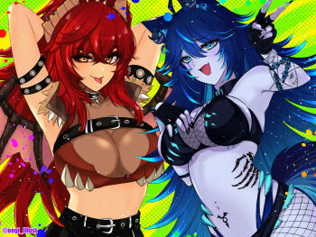 2girls animal_ears blue_eyes blue_hair breasts commentary_request dragon_girl dragon_horns dragon_tail dragon_wings face_piercing fiery_ears flaming_ears glowing_nails hip_tattoo horns indie_virtual_youtuber lip_piercing long_hair multiple_girls navel_piercing oogi_illust orange_eyes paw_print paw_tattoo piercing red_hair scar scar_across_eye scar_on_face smile spiked_thigh_strap spikes spite_(vtuber) tail tattoo tongue tongue_out v virtual_youtuber wings wolf_ears wolf_girl wolf_tail zentreya zentreya_(dragon)