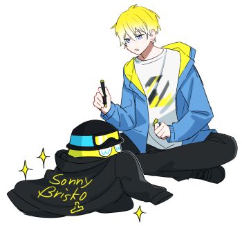 1boy black_hat black_pants blonde_hair blue_eyes blue_jacket briskadet_(sonny_brisko) character_name commentary_request crossed_legs hat holding holding_pen jacket looking_at_another male_focus nana72710193 nijisanji nijisanji_en pants pen shirt short_hair signing simple_background sonny_brisko sonny_brisko_(2nd_costume) sparkle virtual_youtuber white_background white_shirt