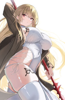 1girl absurdres blonde_hair blush breasts brown_coat chest_tattoo coat covered_erect_nipples highres holding holding_polearm holding_weapon large_breasts long_hair open_clothes open_coat original polearm red_eyes shokobr skindentation solo spear tattoo weapon