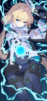 Rule 34 | 1girl, absurdres, aiming, aiming at viewer, ajeu914, arm up, blonde hair, blue archive, blue background, blue bodysuit, blue eyes, blue halo, blue streaks, bodysuit, commentary, dual wielding, energy, energy gun, glowing, gradient background, gun, halo, handgun, highres, holding, holding gun, holding weapon, jacket, long hair, parted lips, ponytail, pouch, solo, thigh pouch, toki (armed) (blue archive), toki (blue archive), very long hair, weapon, white jacket