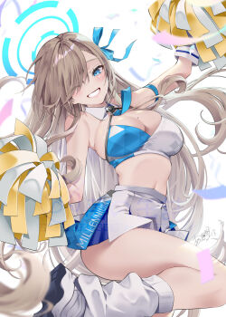 1girl akatsuki_hijiri asuna_(blue_archive) bare_shoulders blue_archive blue_eyes blush breasts brown_hair cleavage commentary_request grin hair_over_one_eye halo highres holding holding_pom_poms large_breasts long_hair looking_at_viewer millennium_cheerleader_outfit_(blue_archive) navel pom_pom_(cheerleading) pom_poms skirt smile solo