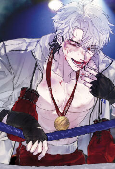 Rule 34 | 1boy, black gloves, black hair, blood, blood on face, boxing gloves, bruise, bruise on chest, bruise on face, bruised eye, commentary, cowboy shot, eunho (plave), fingerless gloves, gloves, hair between eyes, highres, injury, jacket, k-pop, korean commentary, looking to the side, lower teeth only, male focus, medal, multicolored hair, no shirt, open clothes, open jacket, open mouth, parted bangs, plave, red eyes, rjduf666, short hair, smile, solo, sweat, teeth, tongue, two-tone hair, white hair, white jacket
