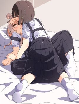 Rule 34 | 2girls, ;o, ahoge, all fours, bare arms, bed sheet, black skirt, blue hair, blush, bob cut, brown eyes, brown hair, closed eyes, commentary, full body, girl on top, grey hair, hand on another's forehead, highres, holding another's wrist, hozuki momiji, long hair, lying, multicolored hair, multiple girls, no shoes, on back, one eye closed, onii-chan wa oshimai!, oyama mahiro, pillow, pink hair, pleated skirt, school uniform, shirt, short hair, short sleeves, skirt, socks, suspender skirt, suspenders, suspenders slip, two-tone hair, white shirt, white socks, wince, yairo ju, yotsuba university affiliated junior high school uniform, yuri
