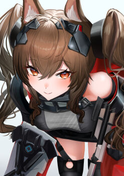 Rule 34 | 1girl, absurdres, angelina (arknights), animal ear fluff, animal ears, arknights, arknights: endfield, bare shoulders, black thighhighs, breasts, brown hair, coat, commentary request, diamond-shaped pupils, diamond (shape), dot nose, dress, fox ears, fox girl, gilberta (arknights), grey dress, headpat, headpiece, high collar, highres, leaning forward, long hair, long sidelocks, long sleeves, looking at viewer, medium breasts, off shoulder, open clothes, open coat, red coat, red eyes, sidelocks, simple background, sleeveless, sleeveless dress, smile, solo, symbol-shaped pupils, thighhighs, twintails, white background, yosshii (yossie255), zettai ryouiki