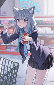 1girl absurdres animal_ear_fluff animal_ears blue_archive blue_eyes blue_halo blue_scarf chinese_commentary commentary_request cross cross_hair_ornament food food_in_mouth grey_hair hair_ornament halo highres holding holding_food holding_pocky indoors inverted_cross looking_at_viewer medium_hair pocky pocky_in_mouth scarf shiroko_(blue_archive) shopping_cart solo wolf_ears wolf_girl xzu
