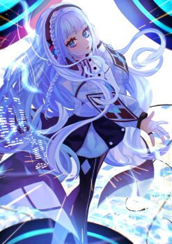 1girl blue_eyes blue_hair braid character_request copyright_request eyelashes floating_hair hashtag-only_commentary headphones highres jacket jewelry long_sleeves ring side_braid skirt solo standing usagimarumei white_jacket