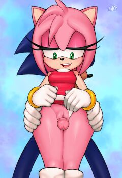 1boy 1girl amy_rose animal_ears animal_nose bare_shoulders bracelet breasts clitoris clothing_aside eyelashes furry furry_with_furry gloves green_eyes grinding groin half-closed_eyes highres jewelry loodncrood looking_down open_mouth panties panties_aside penis precum pussy small_breasts snout sonic_(series) sonic_the_hedgehog standing teeth thigh_sex thighs uncensored underwear upper_teeth_only white_gloves white_panties