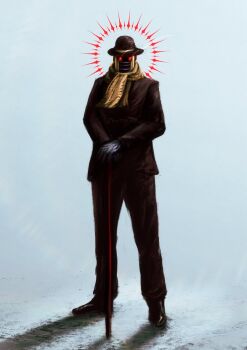 Rule 34 | 1other, absurdres, artist name, black hat, black jacket, black pants, black shoes, black suit, bowler hat, cane, clothed robot, commentary, crain1art, dress pants, eye trail, formal clothes, full body, hat, highres, holding, holding cane, humanoid robot, jacket, jojo no kimyou na bouken, jojolion, light trail, looking at viewer, other focus, pants, red eyes, robot, scarf, shadow, shoes, stand (jojo), standing, suit, suit jacket, wonder of u, yellow scarf