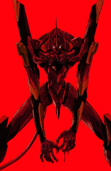 blood blood_on_hands chun_lo commentary english_commentary eva_01 evangelion_(mecha) feet_out_of_frame highres horns legs_apart looking_at_viewer mecha monochrome neon_genesis_evangelion no_humans red_theme robot science_fiction simple_background single_horn standing