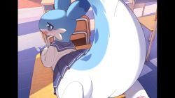 1boy 2024 @_@ animal_ears animated blush chillet classroom crossdressing crossdressing_(mtf) desk english_text flong furry furry_male highres looking_at_viewer palworld school school_uniform skirt sound subtitled tail talking_to_the_viewer teasing video visual_novel