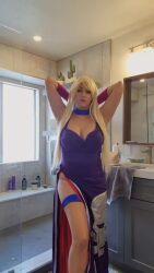 1girl animal_ears animated armpits arms_behind_head b._jenet_(cosplay) bathroom blonde_hair blue_eyes bouncing_breasts breasts cleavage cosplay dress fatal_fury fingerless_gloves garou:_mark_of_the_wolves gloves hand_on_own_hip highres b._jenet jiggle kitty_kaboom kittykaboom large_breasts leaning_forward legs long_hair looking_at_viewer modeling pink_lips pointing pointing_at_viewer real_life smile snk solo sound tagme the_king_of_fighters thighs thong video