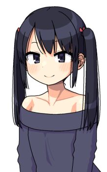 1girl bare_shoulders black_eyes black_hair blush closed_mouth collarbone hair_between_eyes hair_ornament long_hair long_sleeves looking_at_viewer maruput off_shoulder original shirt sidelocks simple_background smile solo twintails upper_body white_background