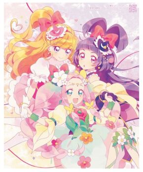 3girls :o artist_name artist_request asahina_mirai beads black_dress black_gloves black_hat blonde_hair blunt_bangs border bow bracelet braid brooch bubble_skirt butterfly_hair_ornament circle_skirt circlet closed_mouth colorful_background copyright_name cure_felice cure_magical cure_miracle curious dress earrings eyelashes feet_out_of_frame flower forehead frilled_dress frilled_headwear frills gloves gold_bracelet green_dress green_eyes green_wrist_cuffs hair_beads hair_bow hair_flower hair_ornament hairband hanami_kotoha happy hat hat_ornament heart heart-shaped_hair heart_hat_ornament high_ponytail holding holding_weapon izayoi_liko jewelry long_hair long_sleeves low-tied_sidelocks low_twin_braids magical_girl mahou_girls_precure! mini_hat mini_witch_hat multiple_girls one_side_up open_mouth pink_bow pink_dress pink_eyes pink_hair pink_hairband pink_hat pleated_dress pom_pom_(clothes) pom_pom_hair_ornament ponytail precure puffy_short_sleeves puffy_sleeves purple_eyes purple_hair qr_code red_bow shawl short_dress short_sleeves sidelocks skirt sleeveless sleeveless_dress smile source_request sphere_earrings split_ponytail star_(symbol) star_hat_ornament string string_of_fate tareme third-party_source twin_braids very_long_hair weapon white_border white_flower white_gloves white_sleeves witch_hat wrist_cuffs yellow_flower yellow_shawl