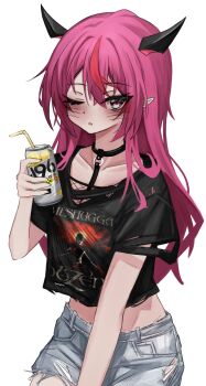 1girl absurdres akarinnndesu alcohol alternate_costume bendy_straw black_choker black_shirt blue_eyes blue_shorts blush breasts can choker cleavage commentary cowboy_shot cutoffs denim denim_shorts drink_can drinking_straw fishnet_top fishnets highres holding holding_can hololive hololive_english horns irys_(hololive) long_hair looking_at_viewer meshuggah multicolored_hair one_eye_closed open_mouth pink_hair pointy_ears print_shirt red_streaks shirt short_sleeves shorts simple_background solo streaked_hair strong_zero t-shirt untranslatable_commentary virtual_youtuber white_background