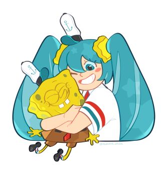 1boy 1girl absurdres belt blue_eyes blue_hair blush_stickers buck_teeth closed_eyes commentary cosplay cropped_torso english_commentary grin hair_ornament hat hatsune_miku highres hug looking_down mini_hat necktie one_eye_closed paranoid_ghosts shorts smile spongebob_squarepants spongebob_squarepants_(cosplay) spongebob_squarepants_(series) teeth twintails vocaloid