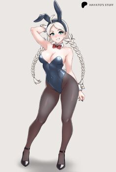 Rule 34 | 1girl, artist name, black leotard, braid, breasts, covered navel, detached collar, fire emblem, fire emblem fates, full body, gluteal fold, grin, hayato stuff, highleg, highleg leotard, highres, leotard, long hair, looking at viewer, medium breasts, nina (fire emblem), nintendo, pantyhose, playboy bunny, smile, solo, strapless, strapless leotard, twin braids, twintails, white hair