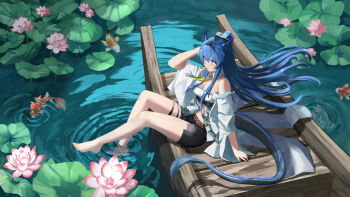 1girl animal arknights arm_up bare_shoulders barefoot belt black_belt black_shorts blue_hair blue_horns blue_tail breasts carp chinese_commentary cleavage closed_mouth commentary_request day detached_collar detached_sleeves dragon_girl dragon_horns dragon_tail fish flower full_body grey_tail hair_between_eyes hand_in_own_hair highres horns ling_(arknights) long_hair looking_ahead necktie orange_belt outdoors pink_flower plant pond purple_eyes shirobako_srbk shirt shorts sitting solo strapless strapless_shirt tail thigh_strap toes white_shirt white_sleeves wide_sleeves yellow_necktie