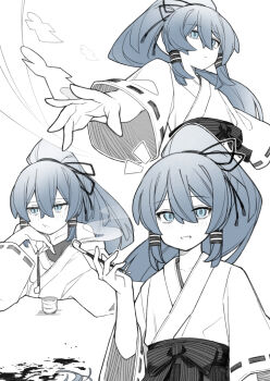 1girl blood ch00suke hair_tubes hakama highres holding holding_smoking_pipe japanese_clothes miko miyadeguchi_mizuchi miyadeguchi_mizuchi_(human) monochrome paper_doll ponytail_holder shikigami smoking_pipe touhou