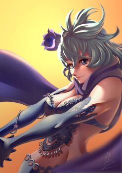 1girl bare_shoulders blue_eyes blue_gloves blue_hair blue_scarf bra breasts cleavage commentary drag-on_dragoon drag-on_dragoon_3 elbow_gloves english_commentary flower gloves groin hair_flower hair_ornament hartesa highres lace lace_bra lingerie medium_breasts messy_hair midriff scarf short_hair signature solo two_(drag-on_dragoon) underwear yellow_background