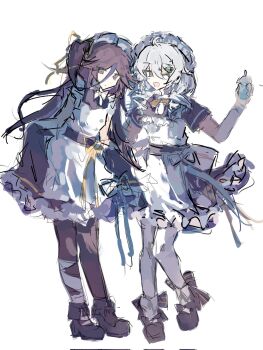 2girls alternate_costume apron benghuai_xueyuan blue_eyes closed_mouth commentary_request couple cup dress drill_hair expressionless bad_tag frilled_sleeves frills hair_between_eyes hair_ornament hand_up happy highres holding holding_cup honkai_(series) houraiji_kyuushou kiana_kaslana leaning_to_the_side long_hair looking_at_viewer looking_to_the_side maid_apron maid_headdress multicolored_hair multiple_girls one_eye_closed open_mouth purple_eyes purple_hair short_sleeves simple_background sketch smile streaked_hair twin_drills white_background white_hair you_hua49977 yuri