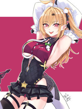 Rule 34 | 1girl, ahoge, akira miku ver, armpits, arms up, black skirt, black thighhighs, blonde hair, bow, breasts, cissia (zenless zone zero), cleavage, cowboy shot, detached sleeves, green bow, hair between eyes, hair ornament, hairclip, hashtag-only commentary, highres, large breasts, long hair, looking at viewer, microskirt, open mouth, red eyes, shock collar, skirt, snake, snake tail, solo, tail, thighhighs, tongue, tongue out, underboob, white snake, zenless zone zero