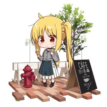 Rule 34 | 1girl, ahoge, alternate costume, backpack, bag, black boots, black choker, blonde hair, blush, bocchi the rock!, boots, cardigan, cellphone, chibi, chibi only, chika (06chimika13), choker, closed mouth, commentary request, fire hydrant, full body, grey cardigan, highres, holding, holding phone, ijichi nijika, long hair, long sleeves, phone, red eyes, side ponytail, skirt, smartphone, solo, standing, translation request, tree, white background, white skirt, yellow bag