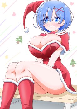 1girl blue_eyes blunt_bangs blush boots breasts christmas cleavage closed_mouth commentary_request dress hair_ornament hat heart highres imai_kazunari large_breasts re:zero_kara_hajimeru_isekai_seikatsu red_dress red_shoes rem_(re:zero) santa_costume santa_hat shoes short_hair short_sleeves sitting smile solo star_(symbol) thighs white_background x_hair_ornament